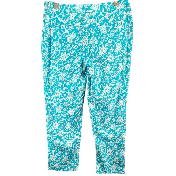 Lilly & Van Chino Pants Women 6 Blue White Floral Tiger Crop Stretch Tropical - Picture 4 of 12